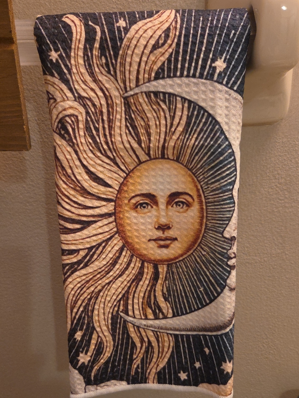 Sun and Moon Decorative Kitchen Tea Towel in Gold and Navy SET OF 2